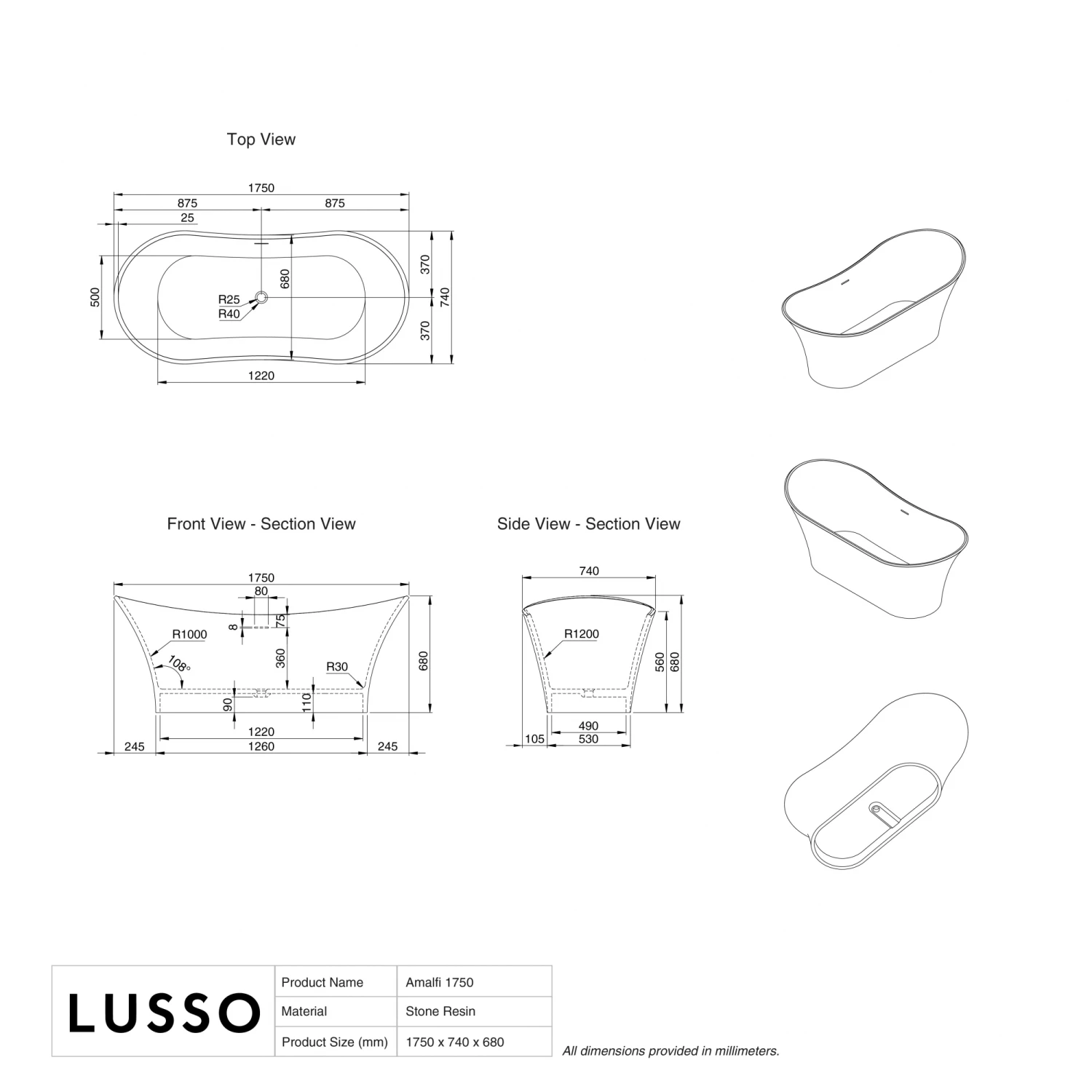 Amalfi Freestanding Stone Bath 1750mm 7 Amalfi Freestanding Stone Bath 1750mm - Image 5