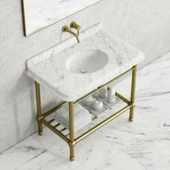 Belmont Traditional Brushed Gold Vanity Unit With Carrara Marble Countertop 1000mm -LUSSO STONE Sales belmont traditional brushed gold vanity unit with carrara marble countertop 1000mm p5356 36405 zoom