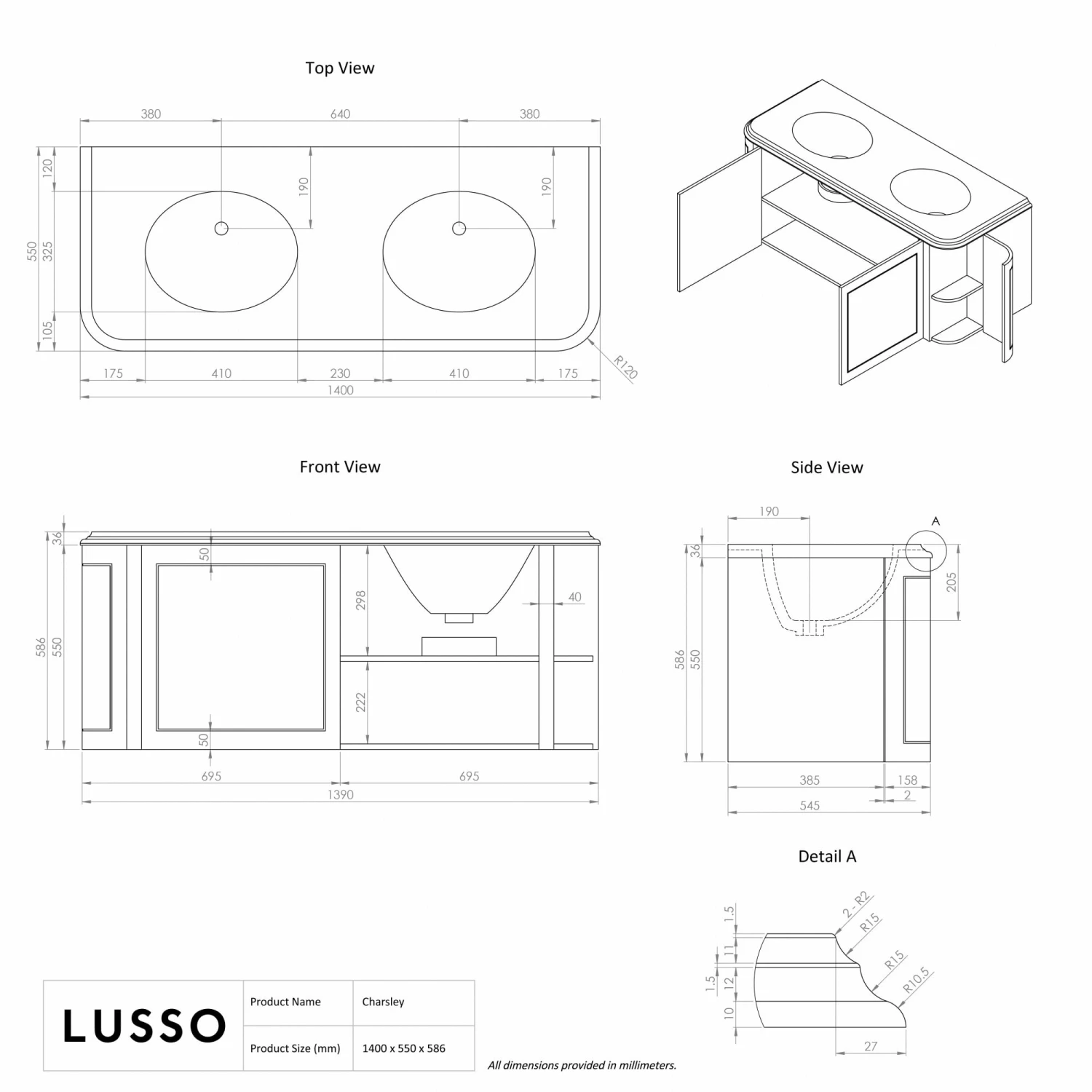 Charsley Carrara Marble Wall Mounted Vanity Unit (Matte Cream) 1400mm 8 Charsley Carrara Marble Wall Mounted Vanity Unit (Matte Cream) 1400mm - Image 6