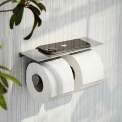 Deka Brushed Stainless Double Toilet Roll Holder With Shelf