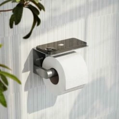 Deka Brushed Stainless Toilet Roll Holder With Shelf