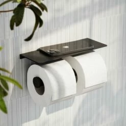 Deka Matte Black Double Toilet Roll Holder With Shelf