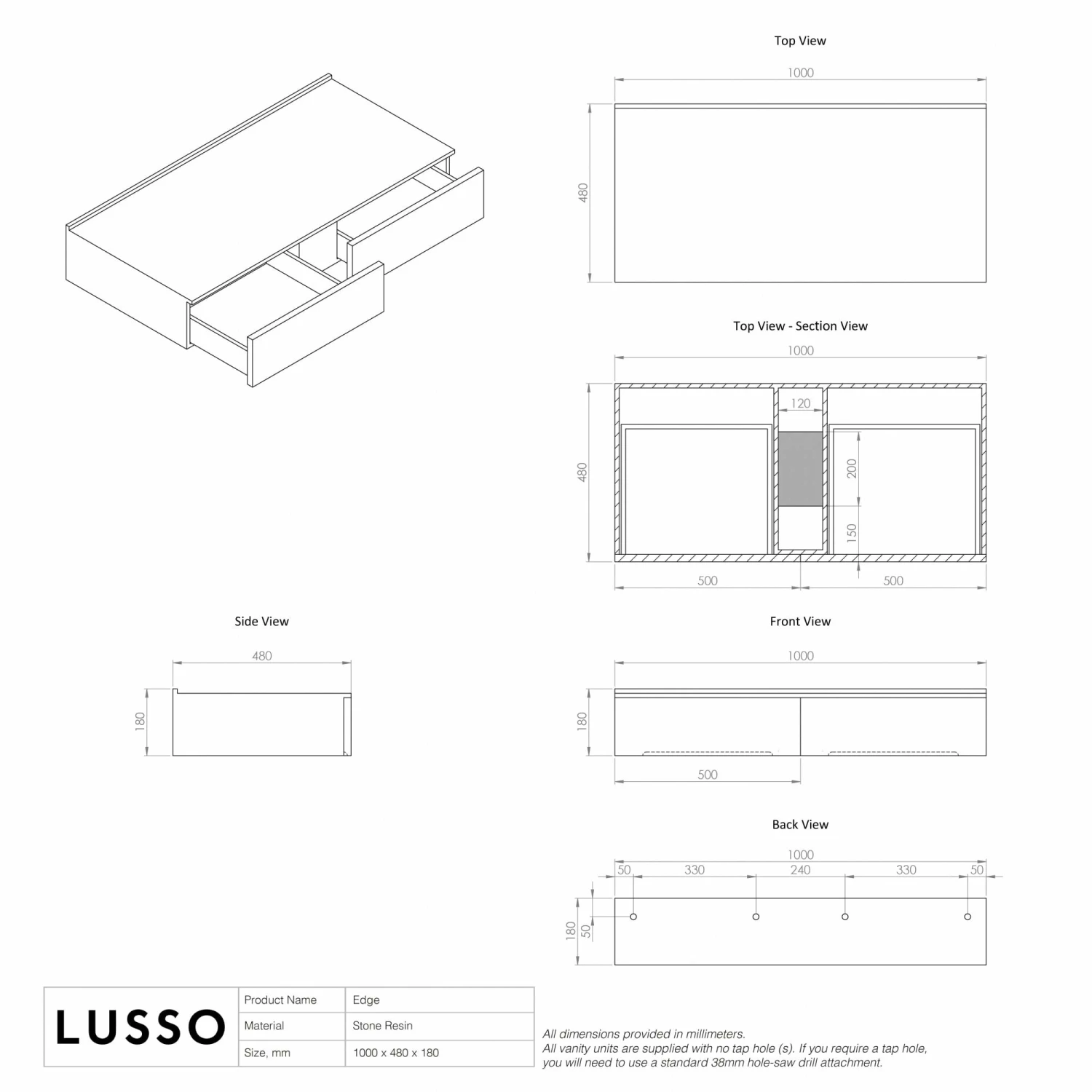 Edge Wall Hung Vanity Drawer Unit 1000mm 10 Edge Wall Hung Vanity Drawer Unit 1000mm - Image 8