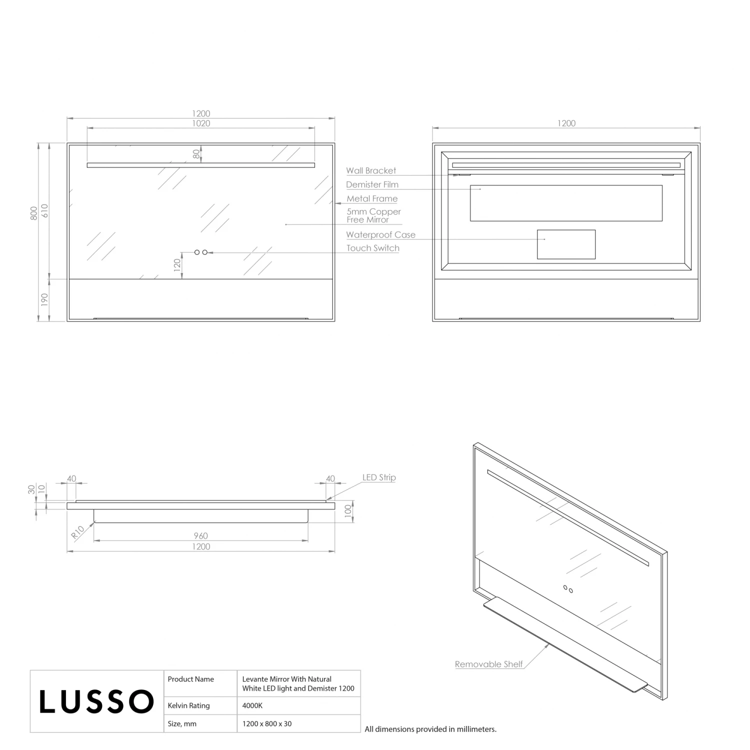 Levante Brushed Gold Mirror With Natural White LED Light And Demister 1200mm 7 Levante Brushed Gold Mirror With Natural White LED Light And Demister 1200mm - Image 5