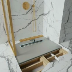 Linear Wet Room Walk In Shower Tray Kit + Tanking Kit + Brushed Gold Waste Kit