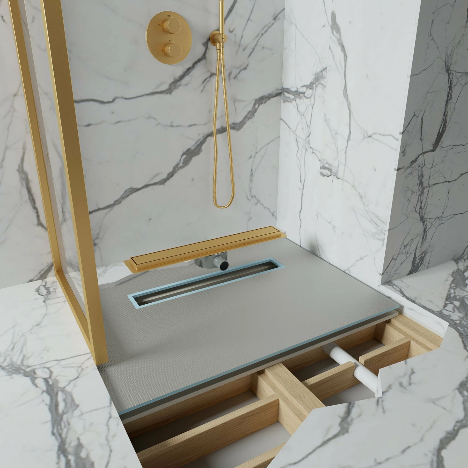 Linear Wet Room Walk In Shower Tray Kit + Tanking Kit + Brushed Gold Waste Kit 3 Linear Wet Room Walk In Shower Tray Kit + Tanking Kit + Brushed Gold Waste Kit
