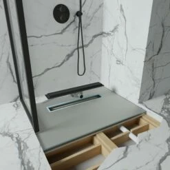 Linear Wet Room Walk In Shower Tray Kit + Tanking Kit + Matte Black Waste Kit
