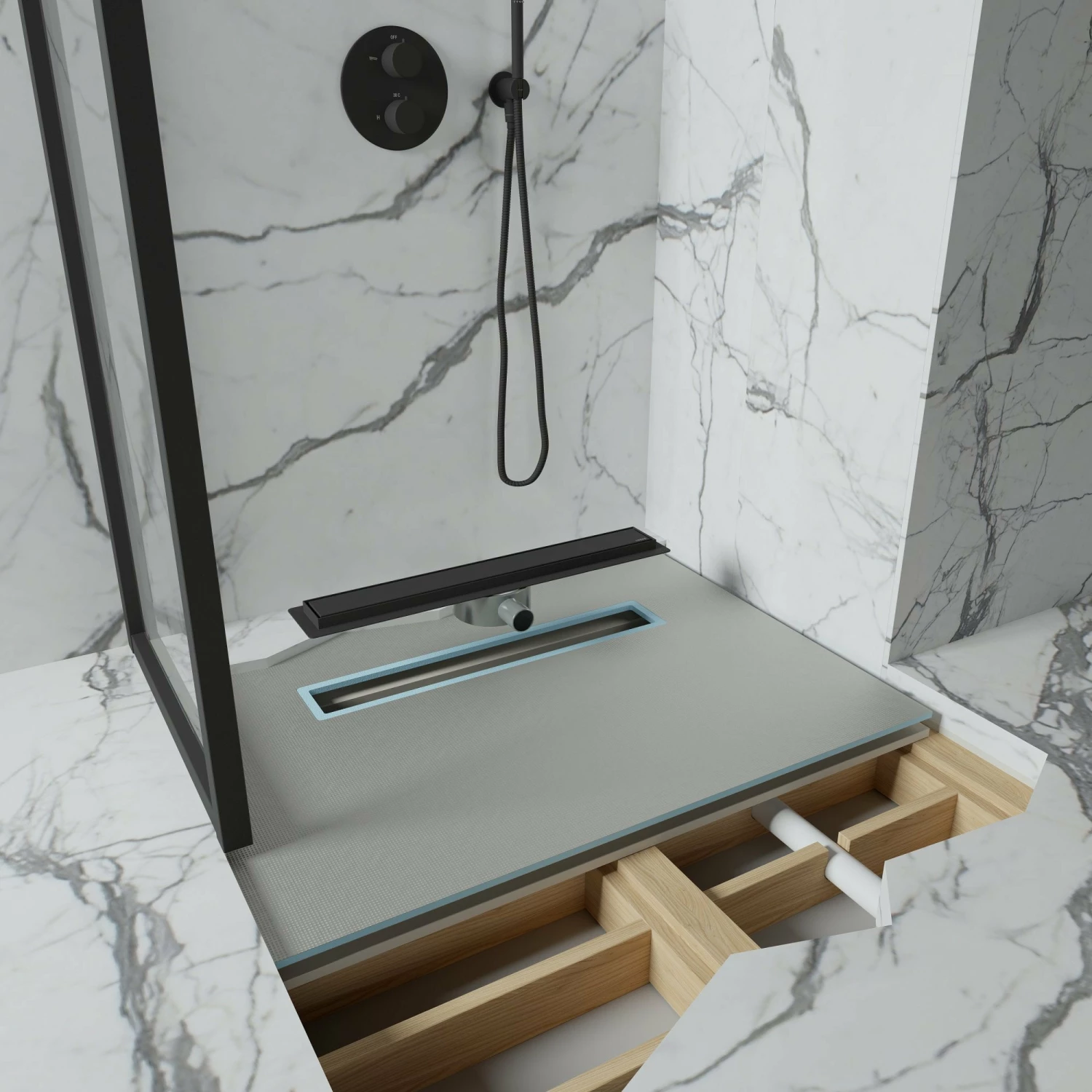 Linear Wet Room Walk In Shower Tray Kit + Tanking Kit + Matte Black Waste Kit 3 Linear Wet Room Walk In Shower Tray Kit + Tanking Kit + Matte Black Waste Kit