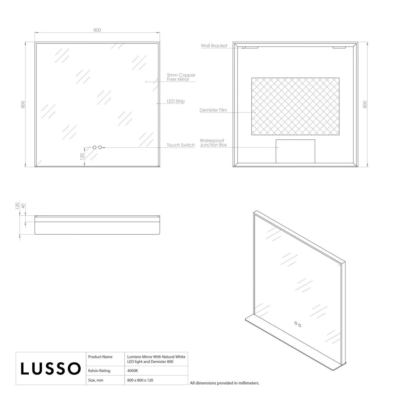 Lumiere Brushed Gold Mirror With Natural White LED Light And Demister 800mm 5 Lumiere Brushed Gold Mirror With Natural White LED Light And Demister 800mm - Image 3