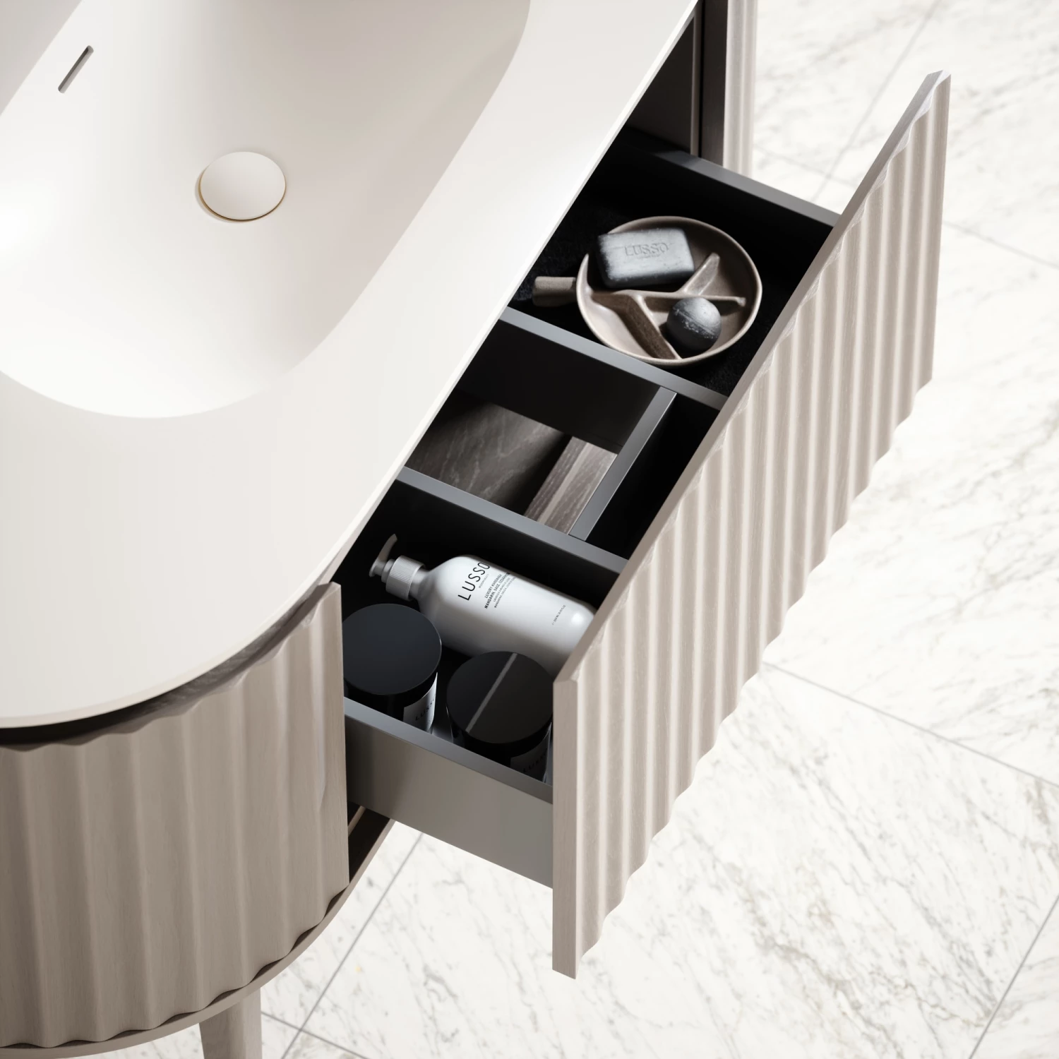 Lusso Regent Curved Velvet Beige Vanity Unit 1200mm 8 Lusso Regent Curved Velvet Beige Vanity Unit 1200mm - Image 6