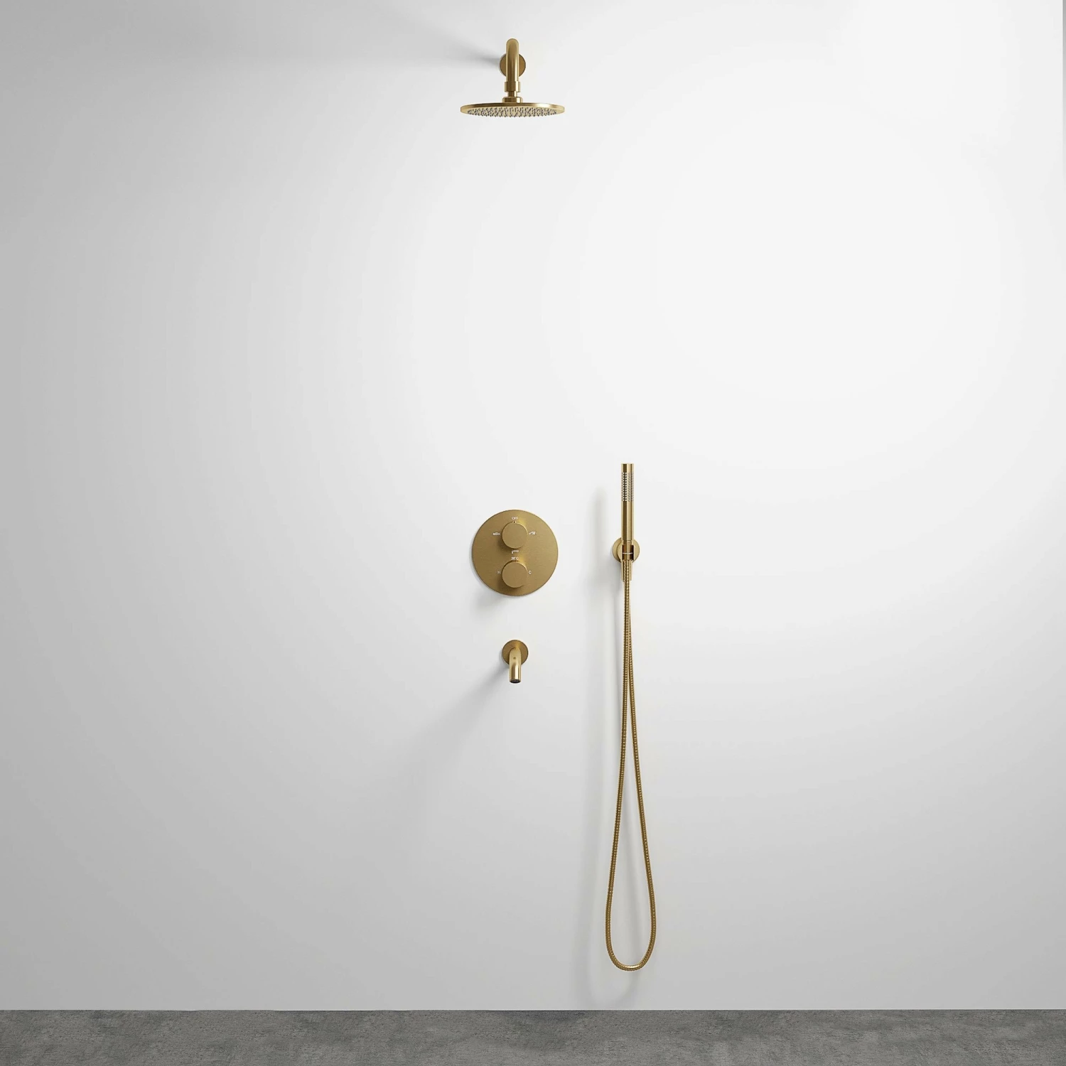 Luxe Brushed Gold 3 Way Thermostatic Shower With Handheld Shower & Bath Spout 2 Luxe Brushed Gold 3 Way Thermostatic Shower With Handheld Shower & Bath Spout
