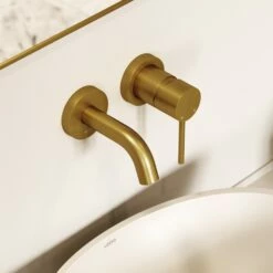 Luxe Brushed Gold Short Projection Wall Mounted Basin Mixer Tap -LUSSO STONE Sales luxe brushed gold short projection wall mounted basin mixer tap p2287 46077 zoom