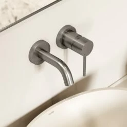 Luxe Brushed Stainless Short Projection Wall Mounted Basin Mixer Tap -LUSSO STONE Sales luxe brushed stainless short projection wall mounted basin mixer tap p1541 46073 zoom