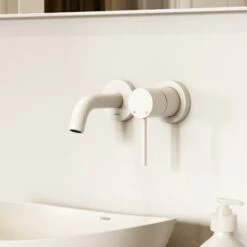 Luxe Matte White Short Projection Wall Mounted Basin Mixer Tap