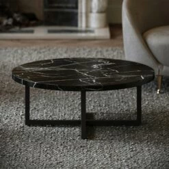 Nazzano Nero Marquina Marble Round Coffee Table With Black Legs