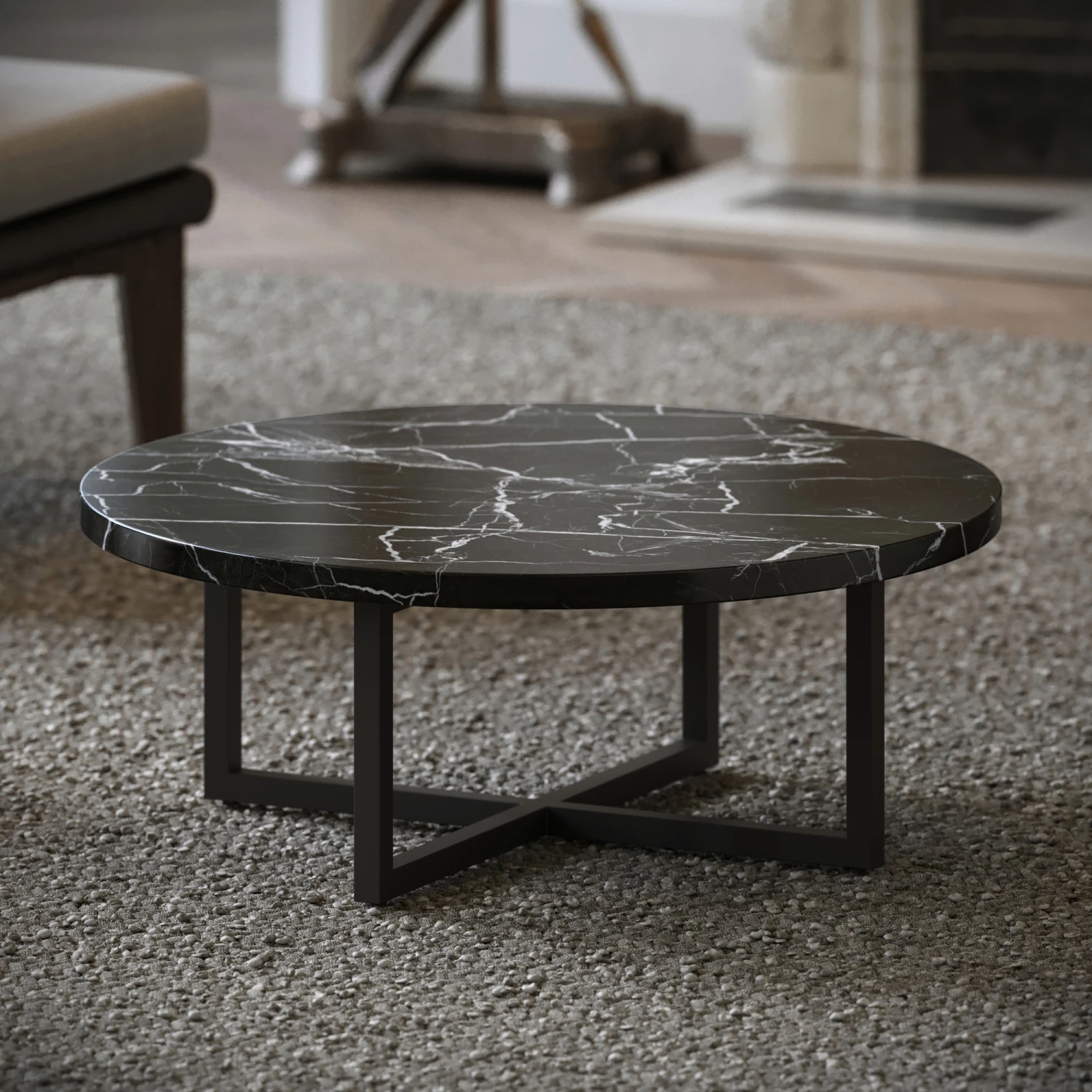 Nazzano Nero Marquina Marble Round Coffee Table With Black Legs 4 Nazzano Nero Marquina Marble Round Coffee Table With Black Legs - Image 2
