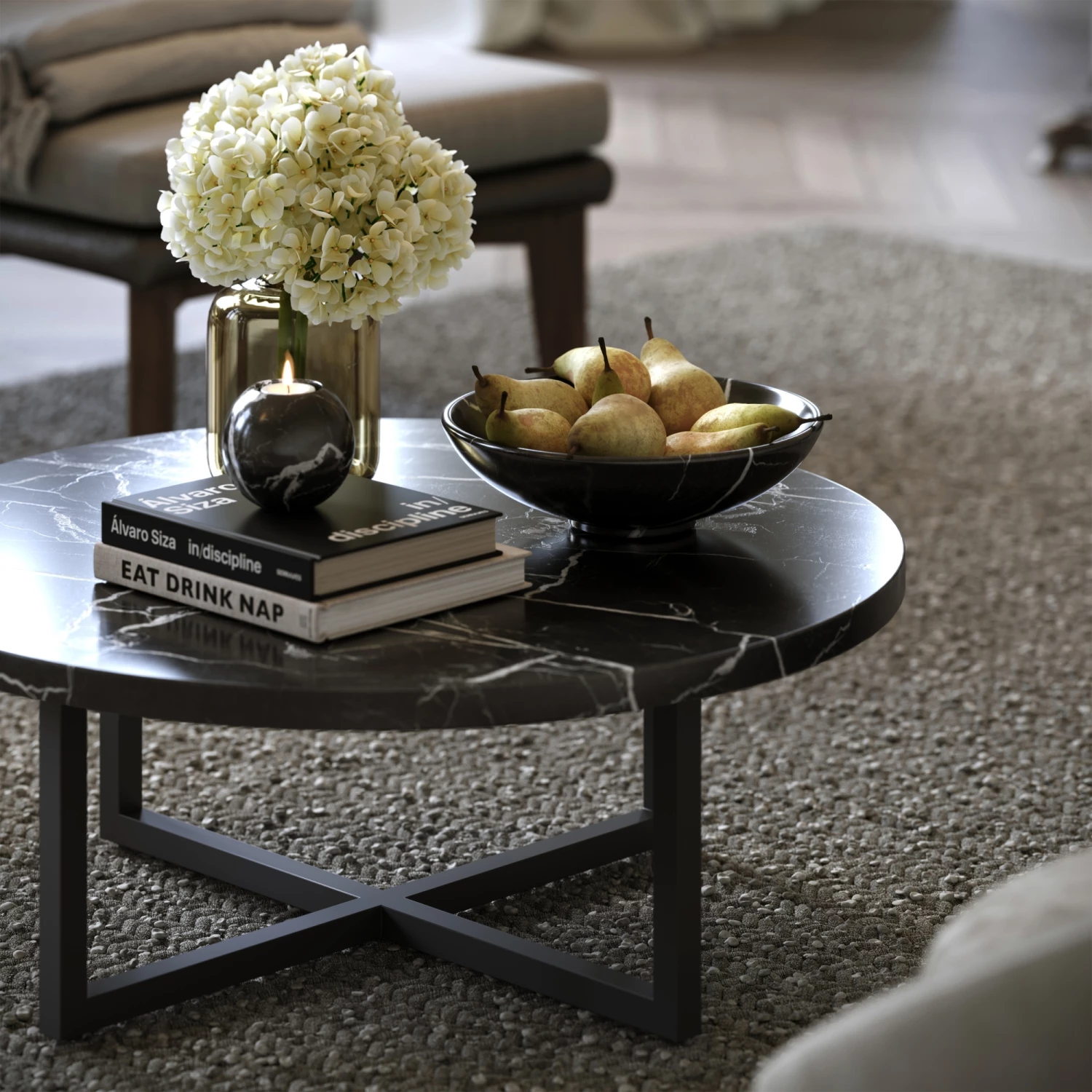 Nazzano Nero Marquina Marble Round Coffee Table With Black Legs 6 Nazzano Nero Marquina Marble Round Coffee Table With Black Legs - Image 4