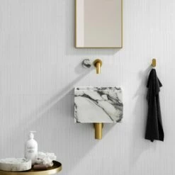 Porto Short Projection Wall Mounted Basin Tap (Brushed Gold & Arabescato Marble)