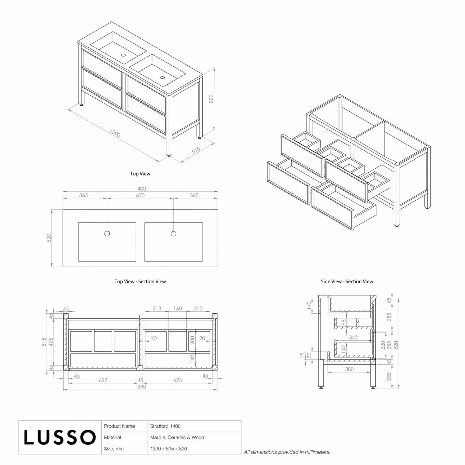 Stratford Bathroom Vanity Unit Black With Carrara Marble 1400mm 9 Stratford Bathroom Vanity Unit Black With Carrara Marble 1400mm - Image 7