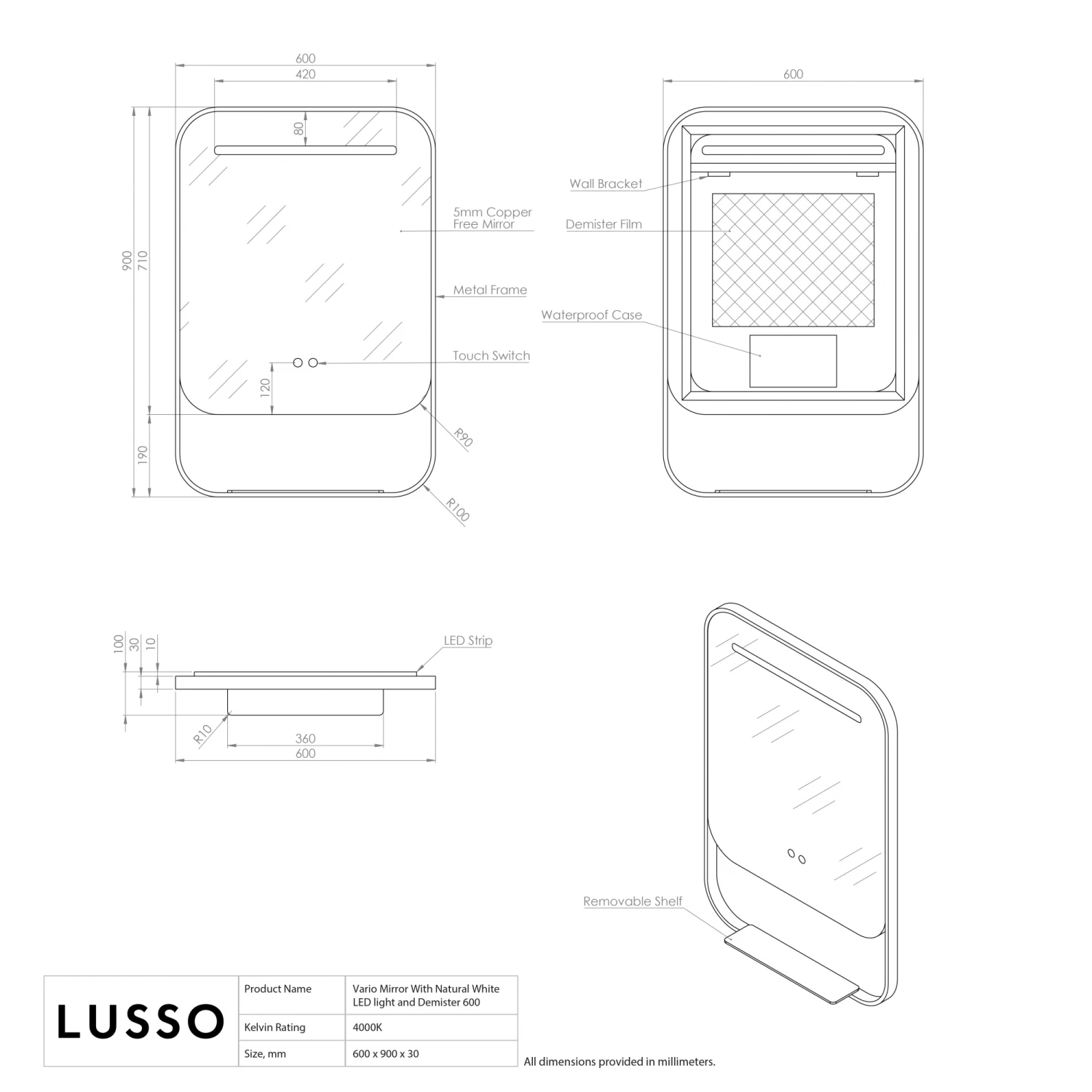 Vario Matte Black Mirror With Natural White LED Light And Demister 600mm 7 Vario Matte Black Mirror With Natural White LED Light And Demister 600mm - Image 5
