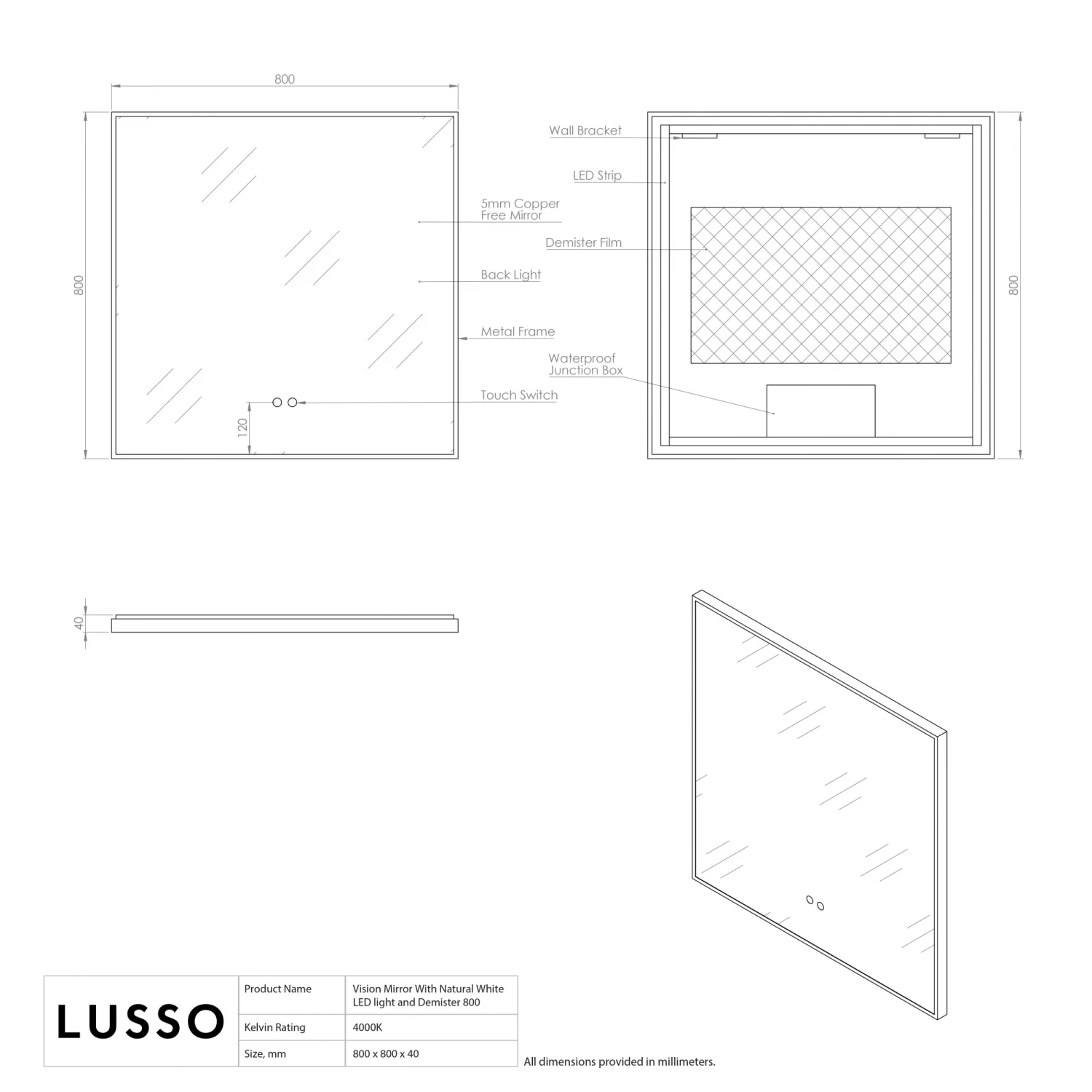 Vision Brushed Gold Mirror With Natural White LED Light And Demister 800mm 7 Vision Brushed Gold Mirror With Natural White LED Light And Demister 800mm - Image 5
