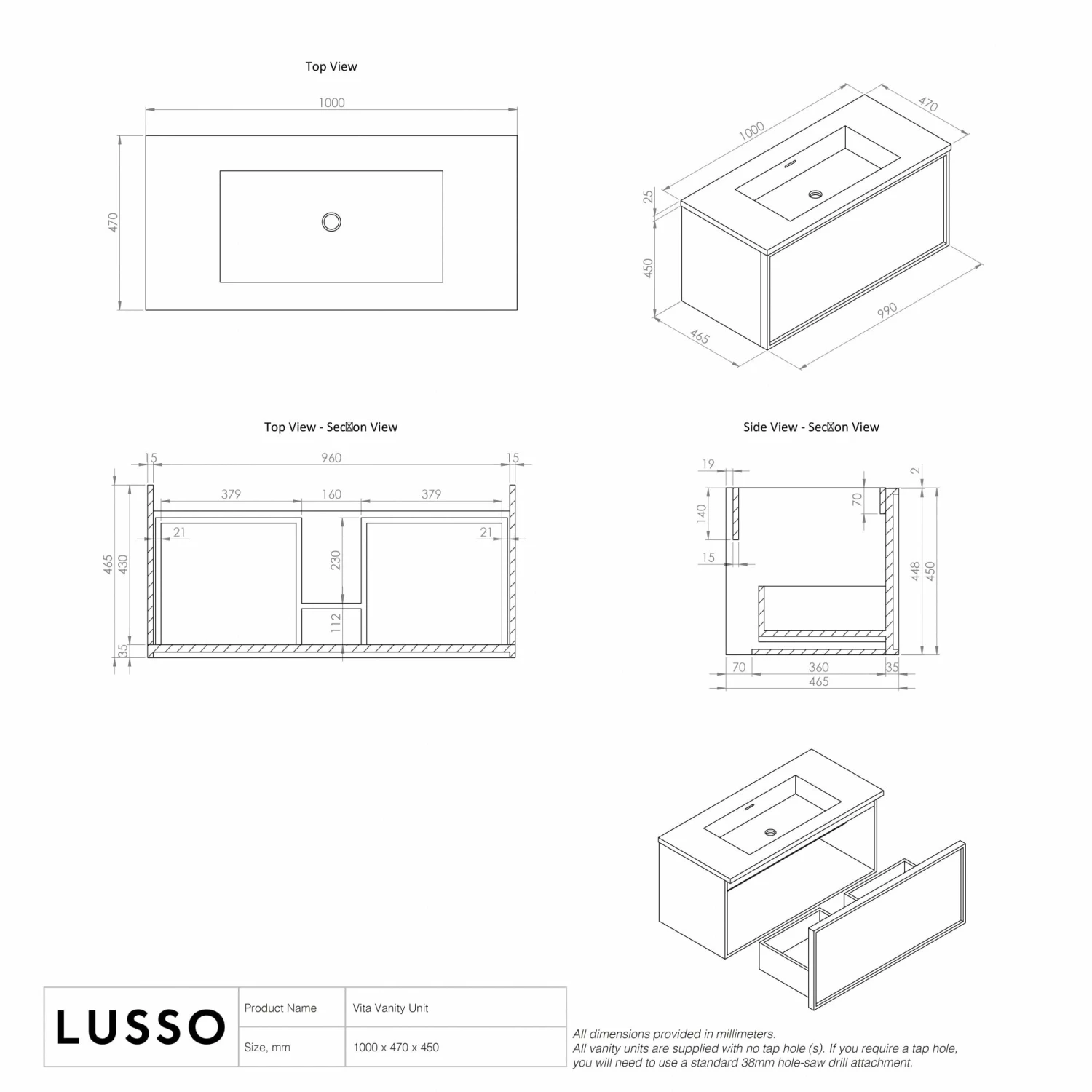 Vita Vanity Unit With Stone Basin (Anthracite 1000mm) 6 Vita Vanity Unit With Stone Basin (Anthracite 1000mm) - Image 4