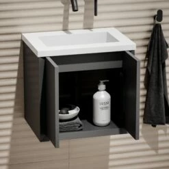 Volini Mini Cloakroom Vanity Unit With Stone Basin (Matte Anthracite 400mm) -LUSSO STONE Sales volini mini cloakroom vanity unit with stone basin matte anthracite 400mm p4584 40385 zoom