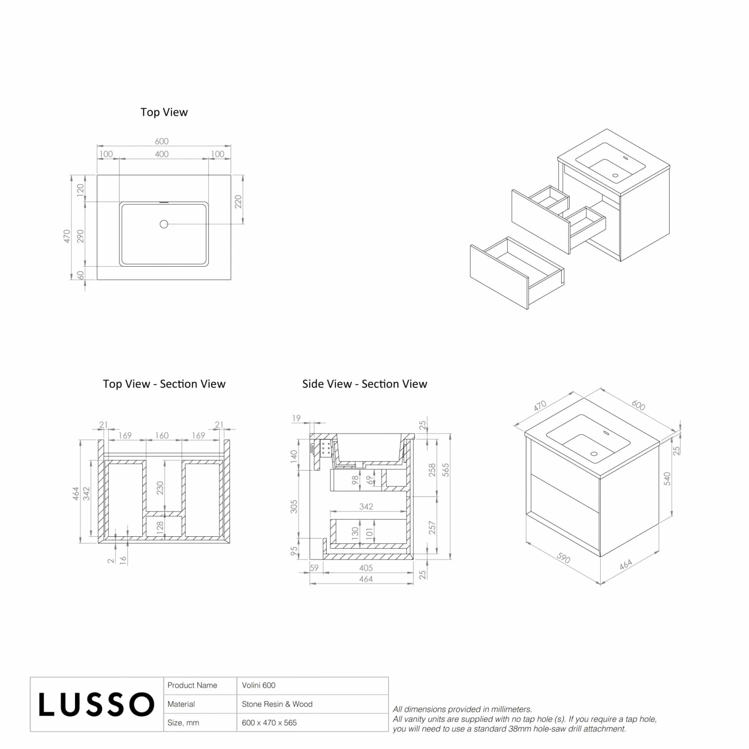 Volini Vanity Unit With Stone Basin (Polished White 600mm) 8 Volini Vanity Unit With Stone Basin (Polished White 600mm) - Image 6