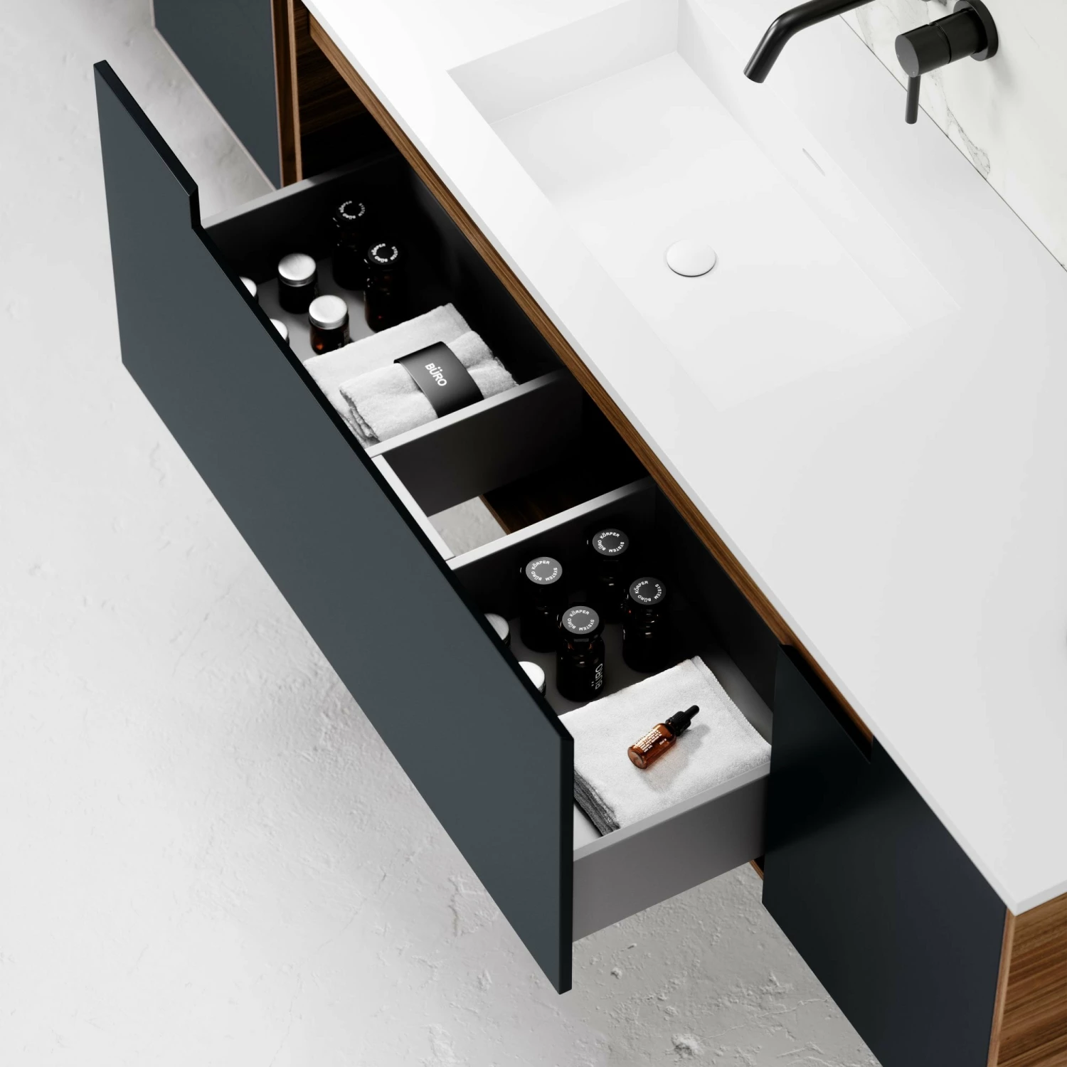 Zotto Vanity Unit With Stone Basin (American Walnut And Black Anthracite 1400mm) 7 Zotto Vanity Unit With Stone Basin (American Walnut And Black Anthracite 1400mm) - Image 5